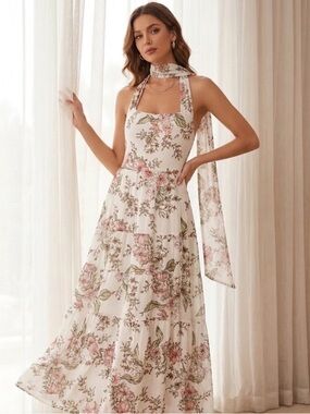 Floral Scarf Maxi Sun Dress in Cream and Pink